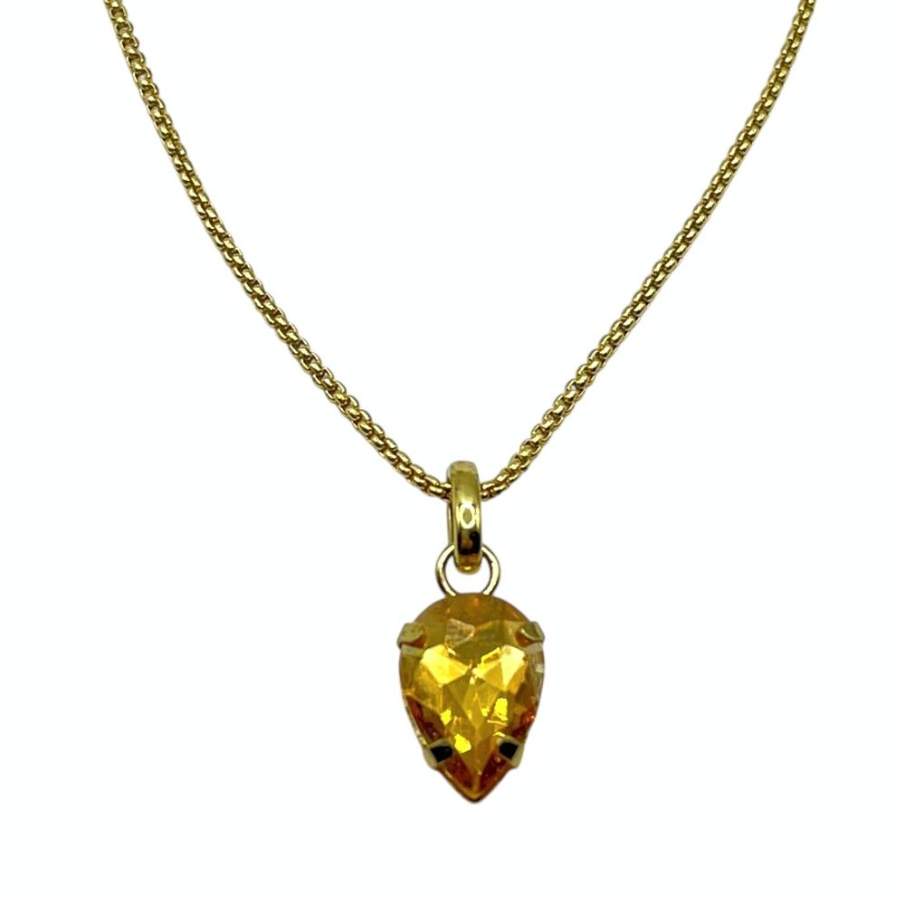 Gold Tone Pendant Necklace Pear Rhinestone Imitation Citrine Stone Solitaire